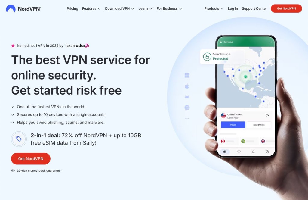 NordVPN screenshot homepage.