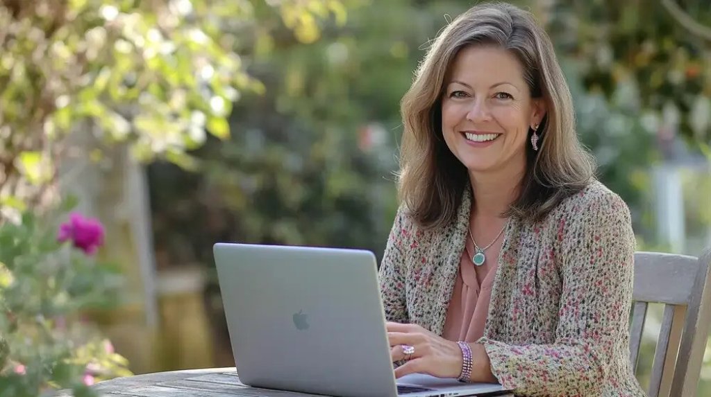 woman behind laptop smiling.