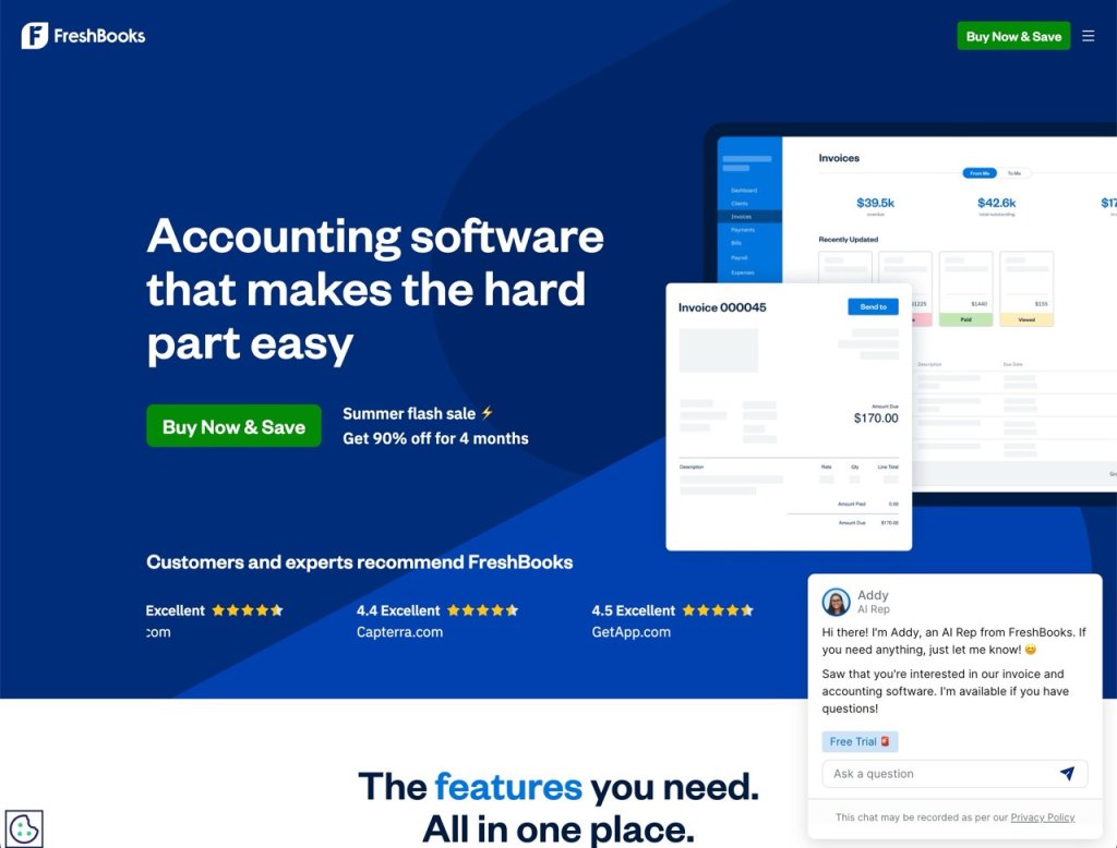 FreshBooks screenshot homepage.