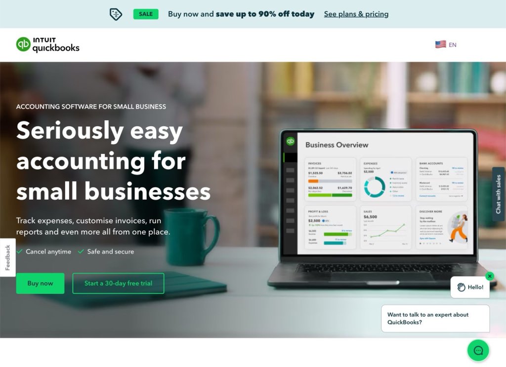 Intuit Quickbooks screenshot homepage.