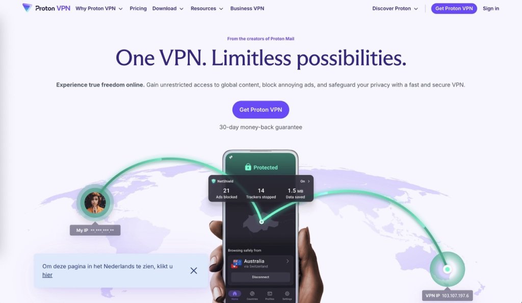 ProtonVPN screenshot homepage.