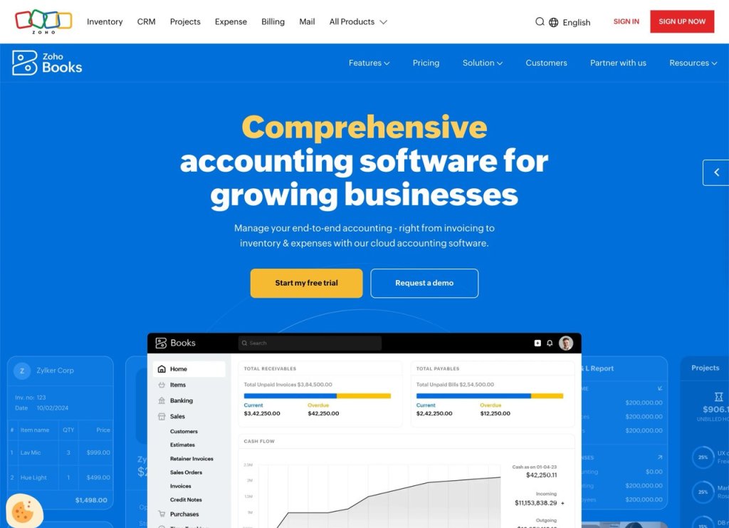 zoho books screenshot homepage.